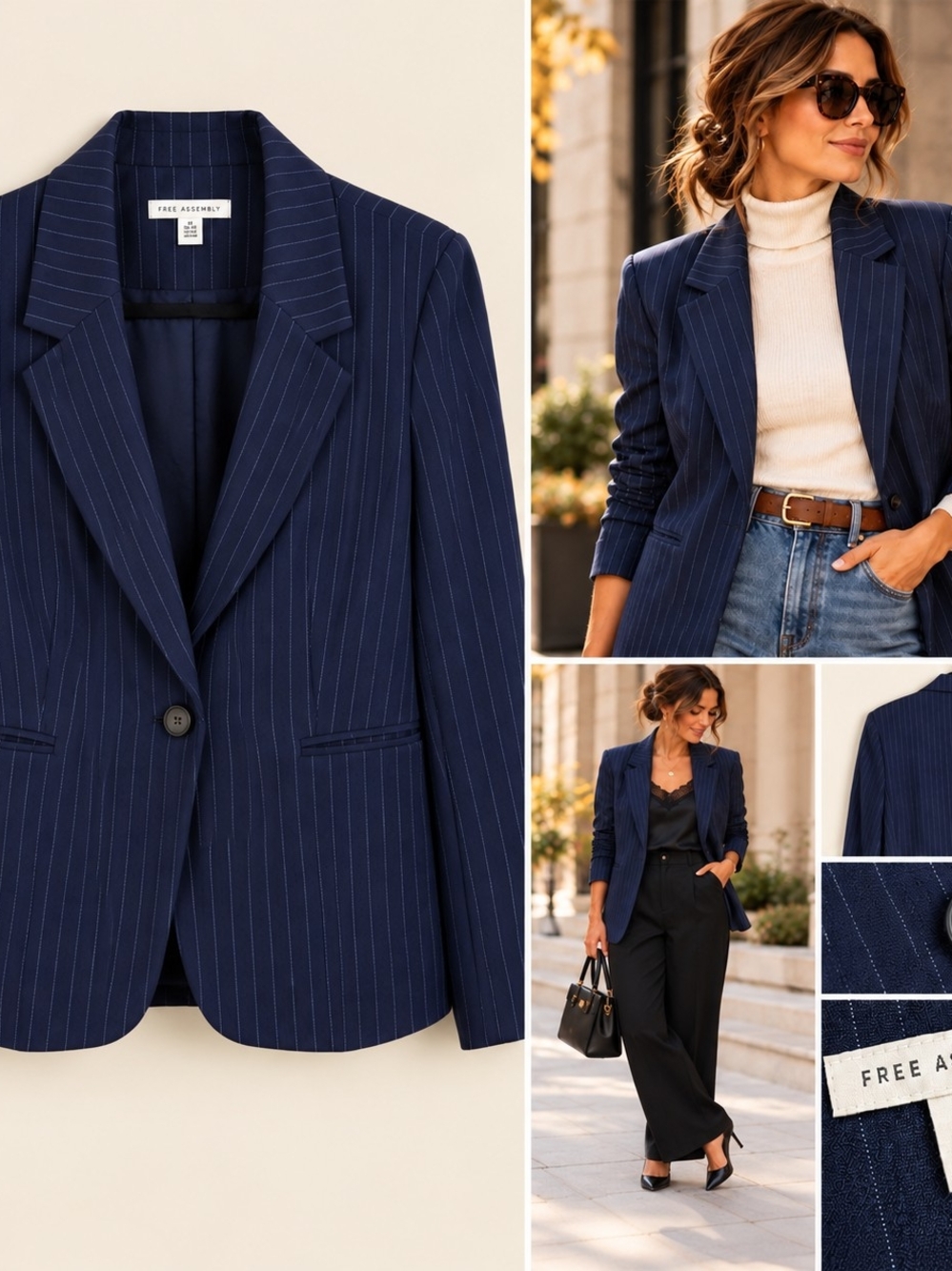 Navy Pinstripe Blazer M 8-10 NWOT Quiet Luxury Old Money Preppy Office Siren